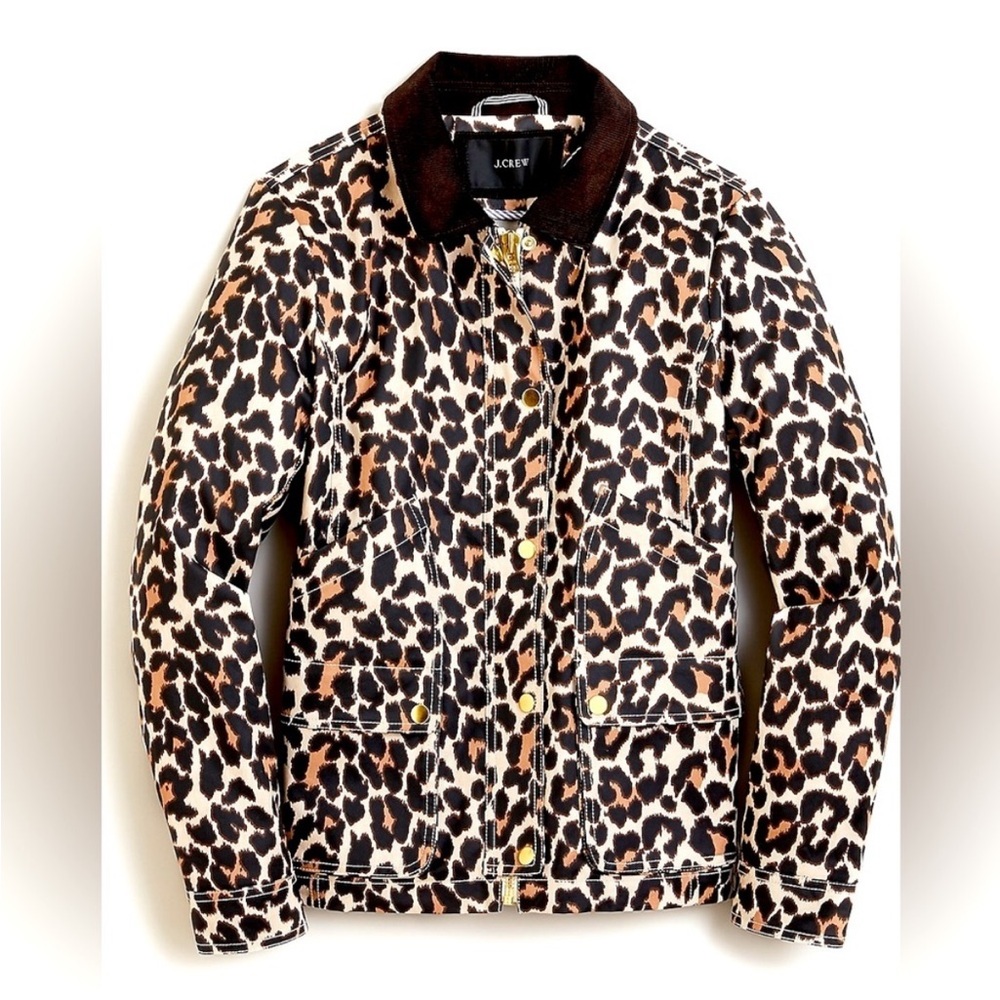 J. Crew - Leopard Sand Ivory Print Gold Zip Snap Pocket Barn Jacket Size Small